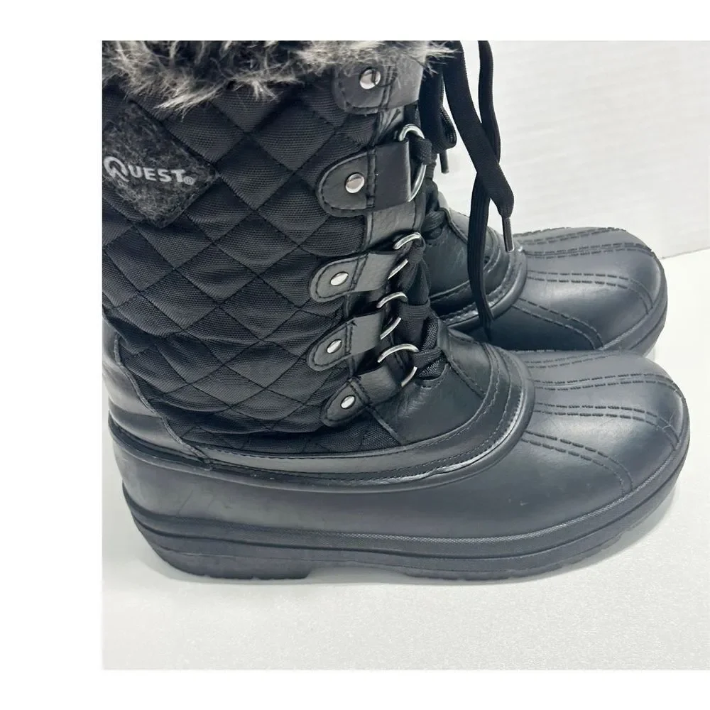 Quest Powder Winter Snow Boots Faux Fur Collar 3M Insulated Rubber Boots Black 7